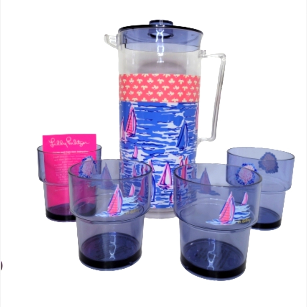 Lilly Pulitzer Boatylicious Pitcher & 4 Cup Set NEW